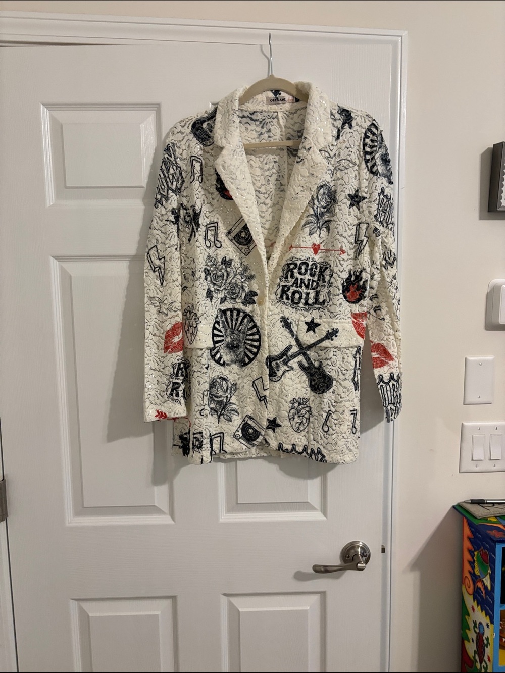 Rock & Roll Graphic Lace Coat - White with Black & Red Accents